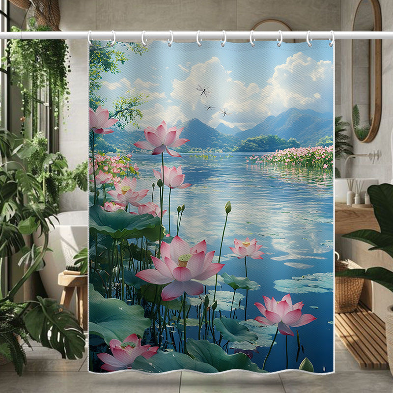 Lotus Pond Scenery Shower Curtain – Waterproof & Mildew Resistant Polyester, Artistic Bathroom Divider 180×180cm