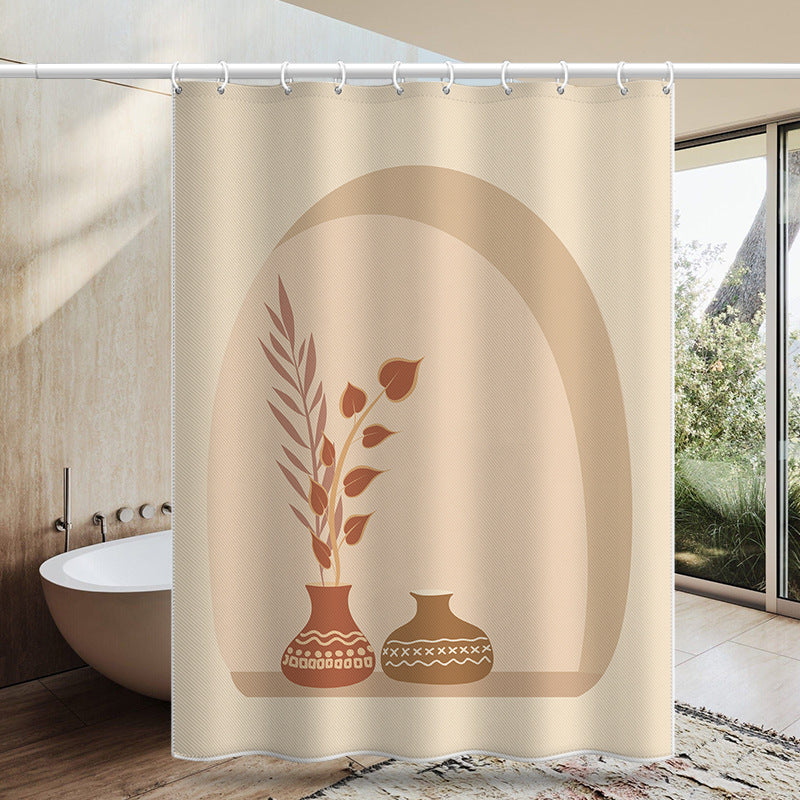 Nordic Minimalist Shower Curtain with Vase & Leaves Design – Waterproof & Mildew Resistant Polyester, 180×180cm Decorative Bathroom Curtain