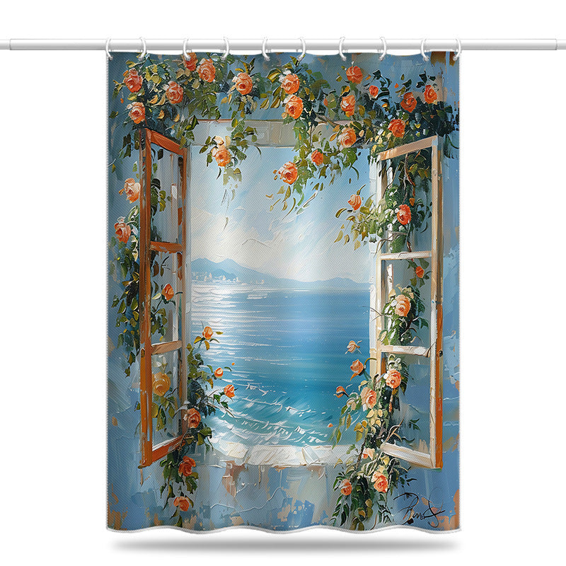 Mediterranean Sea View Shower Curtain – Window & Floral Design, Waterproof & Mildew Resistant Polyester, 180×180cm Bathroom Decor
