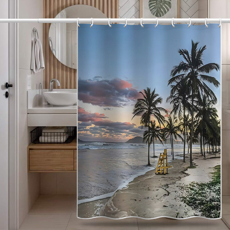 Tropical Beach Sunset Shower Curtain – Palm Tree Coastal Design, Waterproof & Mildew Resistant Polyester, 180×180cm