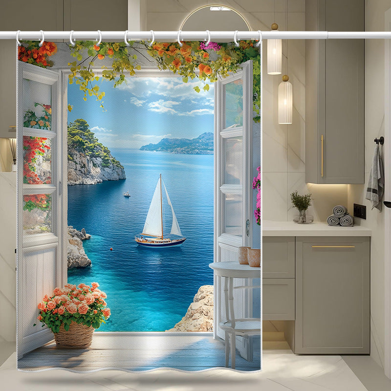 Mediterranean Sailboat Sea View Shower Curtain – Window & Floral Design, Waterproof & Mildew Resistant Polyester, 180×180cm Bathroom Decor