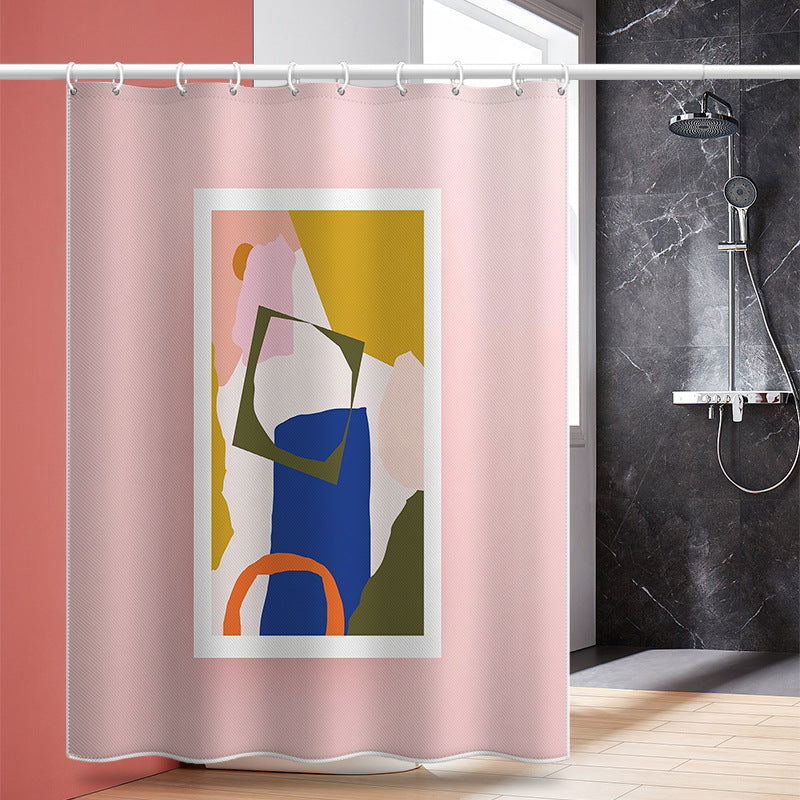 Modern Abstract Art Shower Curtain – Pink Base with Colorful Geometric Print, Waterproof & Mildew Resistant Polyester 180×180cm