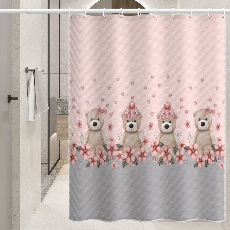 Cartoon Bear Shower Curtain – Pink Floral Design, Waterproof & Mildew Resistant Polyester Bathroom Divider 180×180cm