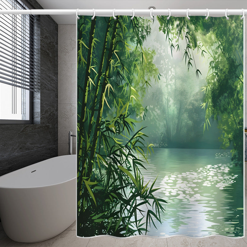 Bamboo Forest Lake View Shower Curtain – Waterproof & Mildew Resistant Polyester Fabric, 180×180cm Bathroom Decorative Curtain