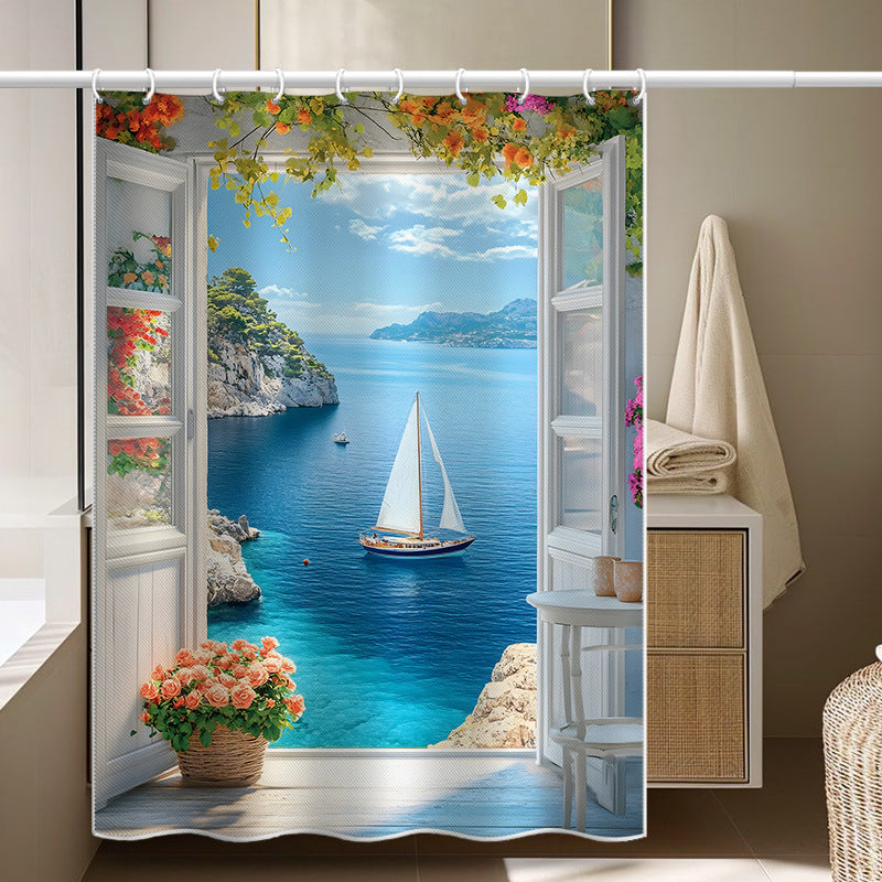 Mediterranean Sailboat Sea View Shower Curtain – Window & Floral Design, Waterproof & Mildew Resistant Polyester, 180×180cm Bathroom Decor