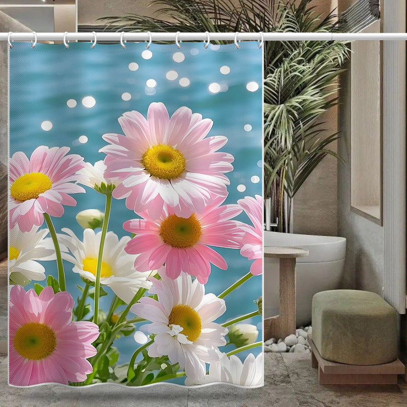 Daisy Bloom Shower Curtain – Romantic Pink & White Daisy Design with Water Reflection Background, Waterproof & Mildew Resistant Polyester, 180×180cm