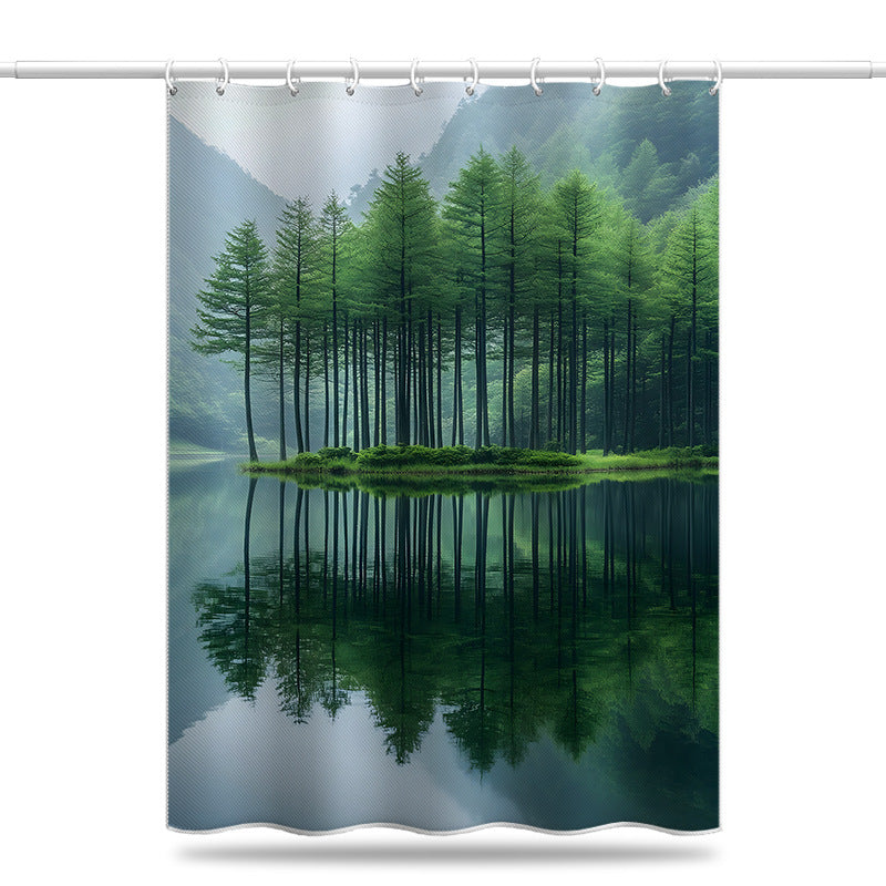 Forest Lake Shower Curtain – Tranquil Green Woods and Reflection Print, Waterproof & Mildew Resistant Polyester, 180×180cm