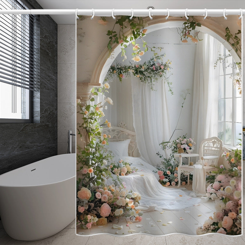 Romantic Garden Dream Shower Curtain – European Arch & Floral Print, Waterproof & Mildew Resistant Polyester, 180×180cm