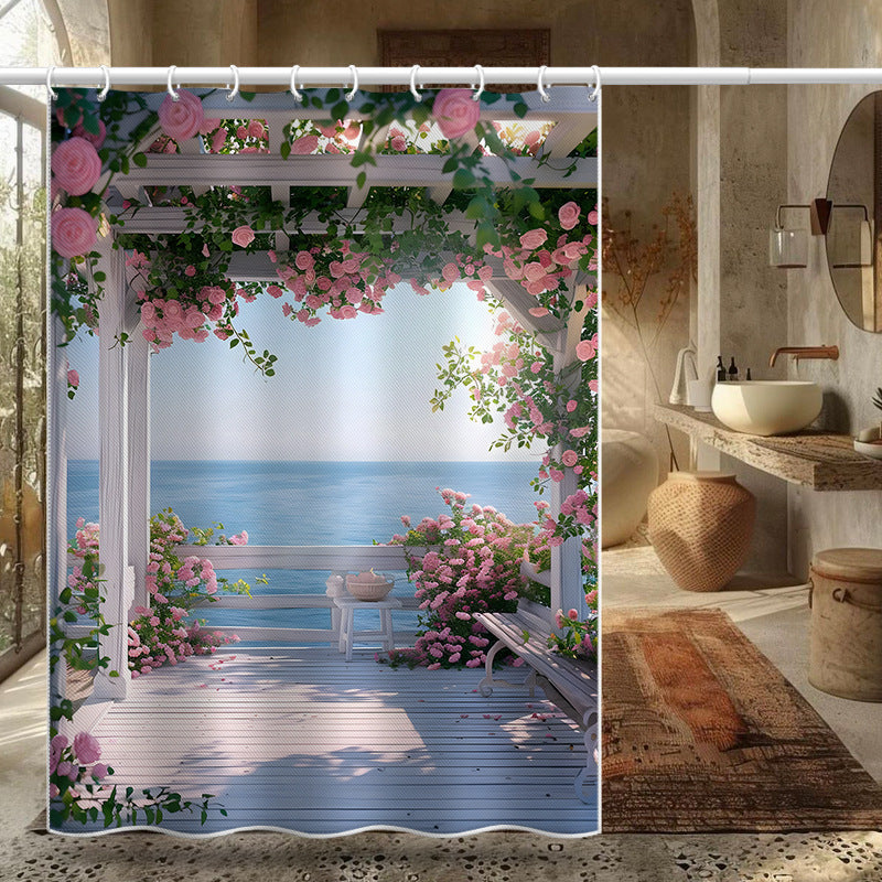 Romantic Rose Pergola Sea View Shower Curtain – Garden & Balcony Style, Waterproof & Mildew Resistant Polyester, 180×180cm Bathroom Decor