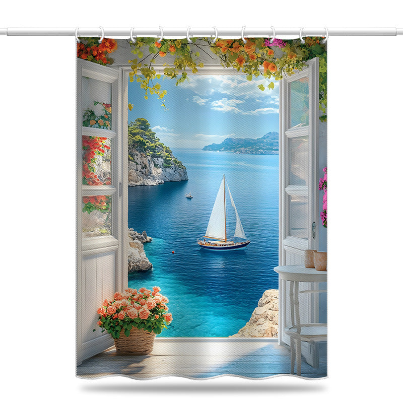 Mediterranean Sailboat Sea View Shower Curtain – Window & Floral Design, Waterproof & Mildew Resistant Polyester, 180×180cm Bathroom Decor