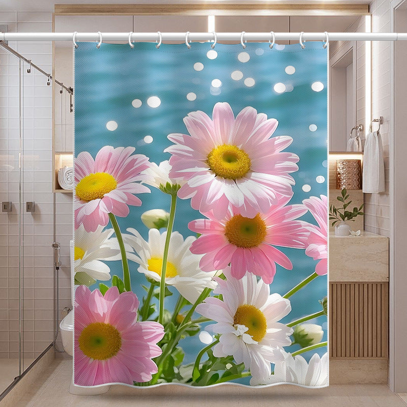 Daisy Bloom Shower Curtain – Romantic Pink & White Daisy Design with Water Reflection Background, Waterproof & Mildew Resistant Polyester, 180×180cm