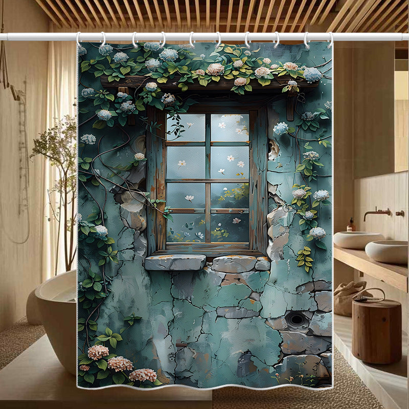 Vintage Window Shower Curtain – Rustic Garden Vine Design, Waterproof & Mildew Resistant Polyester Fabric, 180×180cm Bathroom Divider