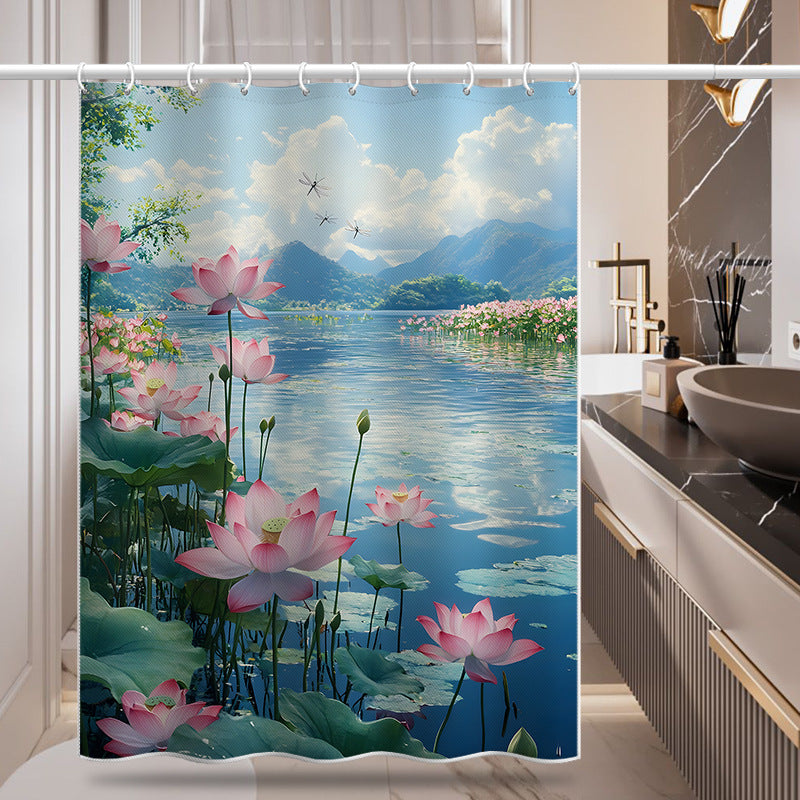 Lotus Pond Scenery Shower Curtain – Waterproof & Mildew Resistant Polyester, Artistic Bathroom Divider 180×180cm