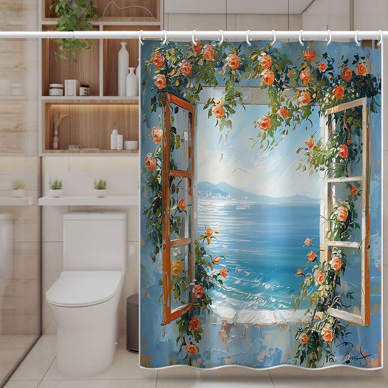 Mediterranean Sea View Shower Curtain – Window & Floral Design, Waterproof & Mildew Resistant Polyester, 180×180cm Bathroom Decor