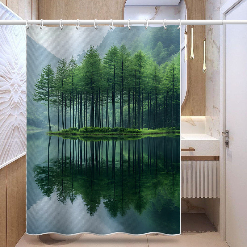Forest Lake Shower Curtain – Tranquil Green Woods and Reflection Print, Waterproof & Mildew Resistant Polyester, 180×180cm
