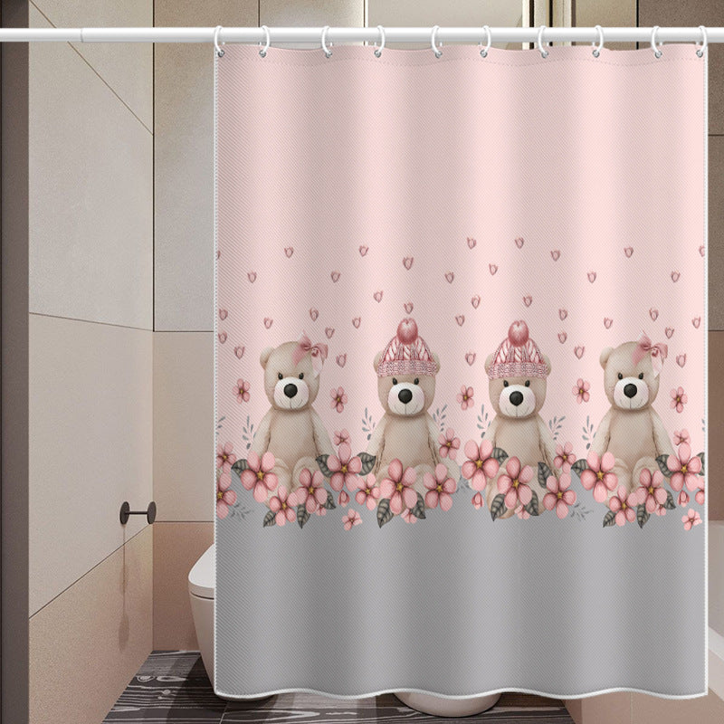 Cartoon Bear Shower Curtain – Pink Floral Design, Waterproof & Mildew Resistant Polyester Bathroom Divider 180×180cm