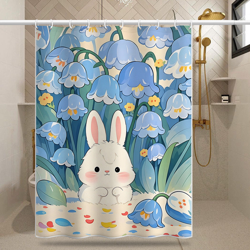 Cute Bunny & Blue Flower Shower Curtain – Waterproof & Mildew Resistant Polyester, Cartoon Bathroom Divider 180×180cm