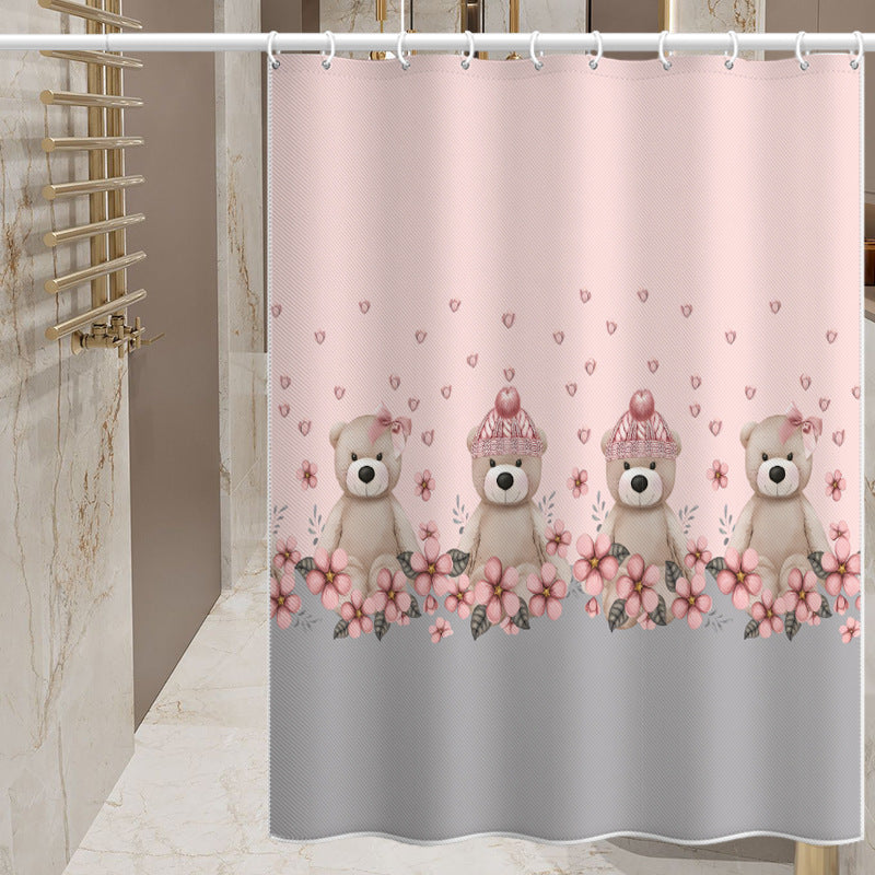 Cartoon Bear Shower Curtain – Pink Floral Design, Waterproof & Mildew Resistant Polyester Bathroom Divider 180×180cm