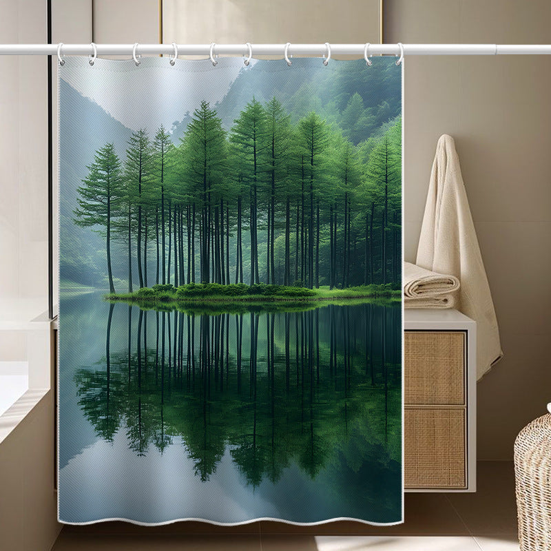 Forest Lake Shower Curtain – Tranquil Green Woods and Reflection Print, Waterproof & Mildew Resistant Polyester, 180×180cm