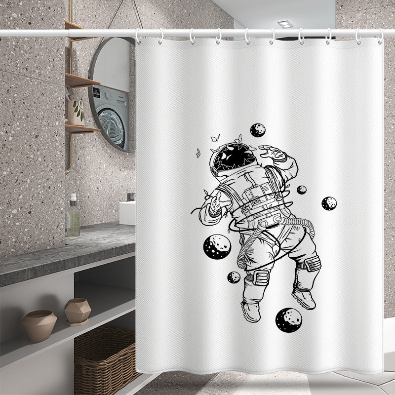 Astronaut Illustration Shower Curtain – Waterproof & Mildew Resistant Polyester, Space Art Bathroom Curtain 180×180cm