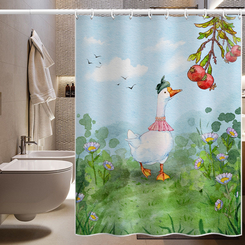 Cartoon Goose Shower Curtain – Waterproof & Mildew Resistant Polyester Fabric, 180×180cm Bathroom Decorative Curtain