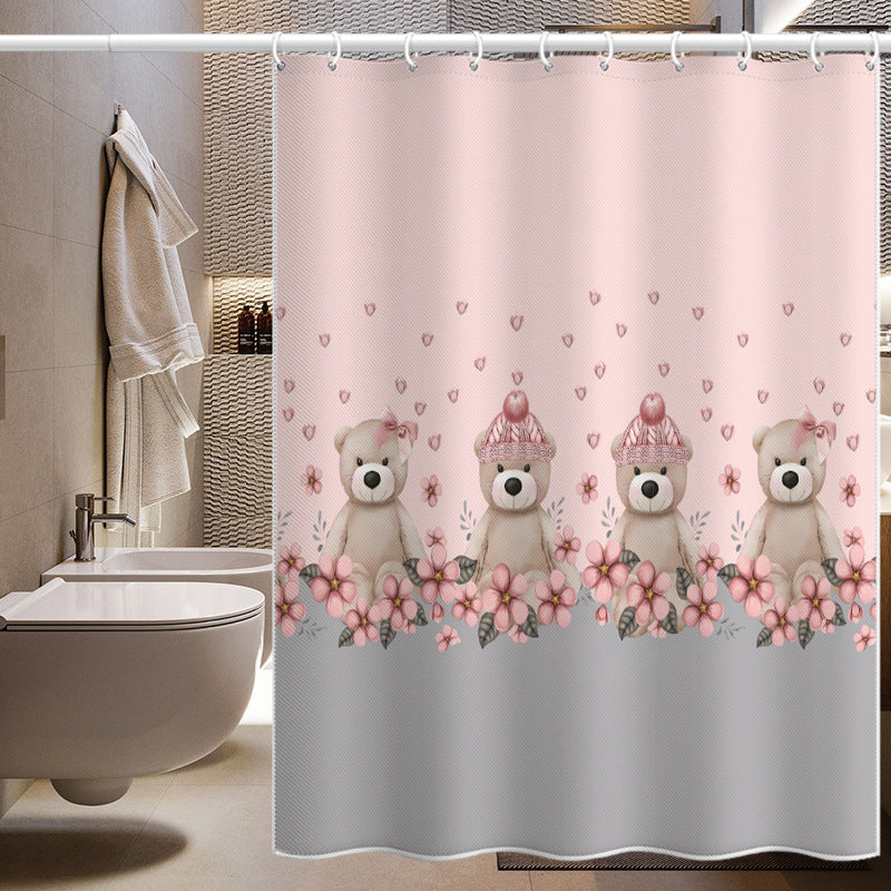 Cartoon Bear Shower Curtain – Pink Floral Design, Waterproof & Mildew Resistant Polyester Bathroom Divider 180×180cm