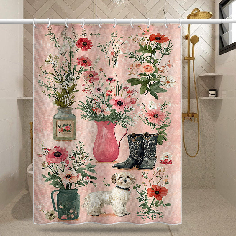 Vintage Floral Illustration Shower Curtain – Waterproof & Mildew Resistant Polyester Bathroom Divider 180×180cm