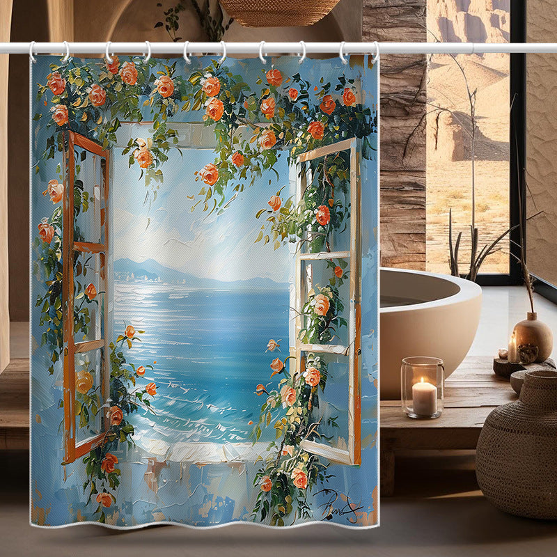Mediterranean Sea View Shower Curtain – Window & Floral Design, Waterproof & Mildew Resistant Polyester, 180×180cm Bathroom Decor