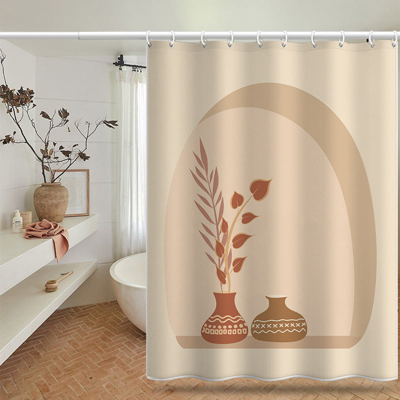 Nordic Minimalist Shower Curtain with Vase & Leaves Design – Waterproof & Mildew Resistant Polyester, 180×180cm Decorative Bathroom Curtain