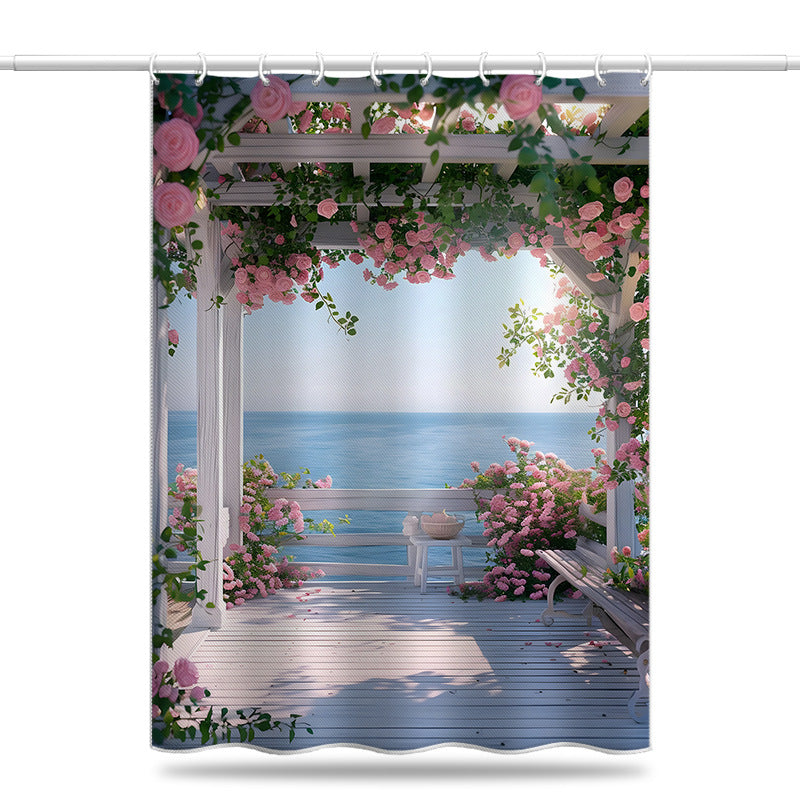 Romantic Rose Pergola Sea View Shower Curtain – Garden & Balcony Style, Waterproof & Mildew Resistant Polyester, 180×180cm Bathroom Decor