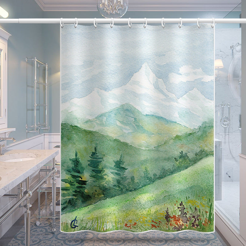 Watercolor Mountain Shower Curtain – Nature Style, Waterproof & Mildew Resistant Polyester Bathroom Divider 180×180cm