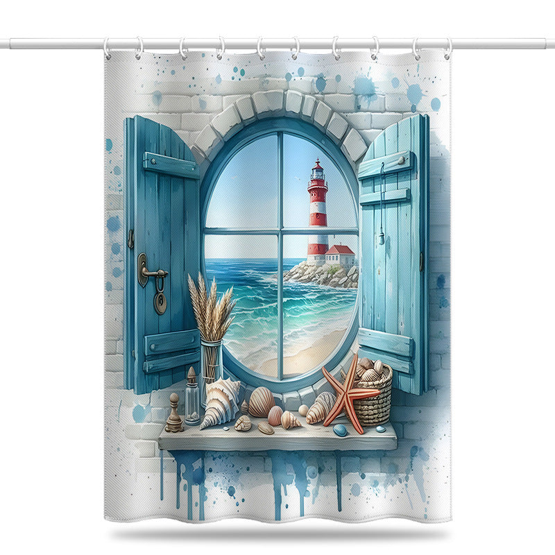 Lighthouse Coastal View Shower Curtain – Mediterranean Window Design, Waterproof & Mildew Resistant Polyester, 180×180cm