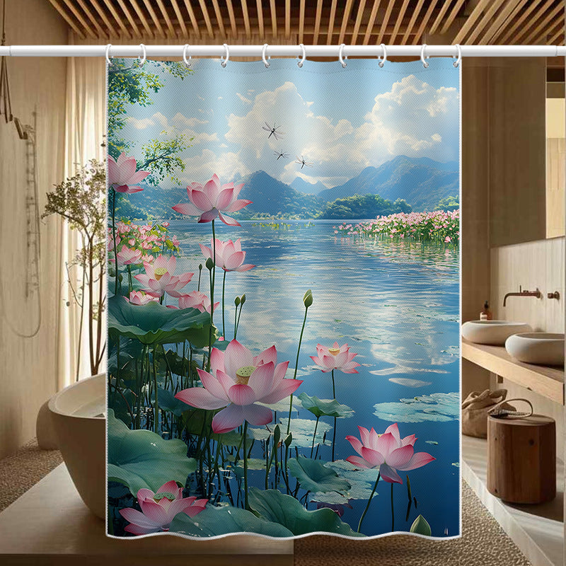 Lotus Pond Scenery Shower Curtain – Waterproof & Mildew Resistant Polyester, Artistic Bathroom Divider 180×180cm