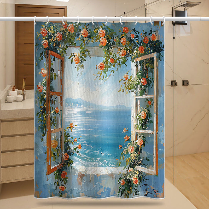 Mediterranean Sea View Shower Curtain – Window & Floral Design, Waterproof & Mildew Resistant Polyester, 180×180cm Bathroom Decor