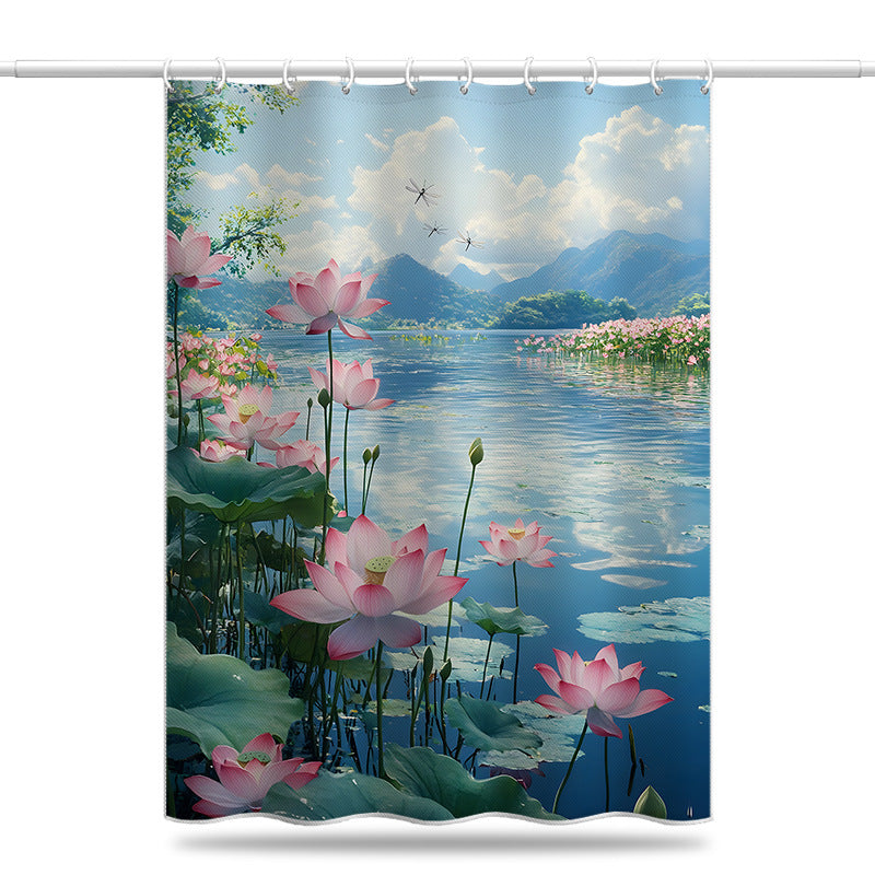 Lotus Pond Scenery Shower Curtain – Waterproof & Mildew Resistant Polyester, Artistic Bathroom Divider 180×180cm