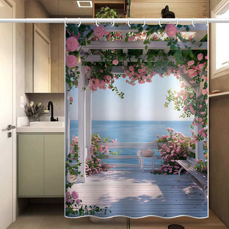 Romantic Rose Pergola Sea View Shower Curtain – Garden & Balcony Style, Waterproof & Mildew Resistant Polyester, 180×180cm Bathroom Decor