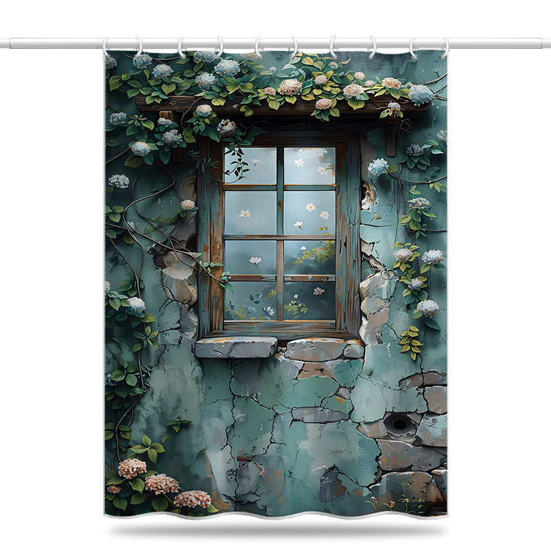 Vintage Window Shower Curtain – Rustic Garden Vine Design, Waterproof & Mildew Resistant Polyester Fabric, 180×180cm Bathroom Divider
