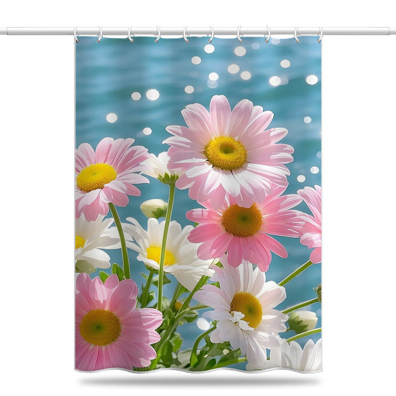 Daisy Bloom Shower Curtain – Romantic Pink & White Daisy Design with Water Reflection Background, Waterproof & Mildew Resistant Polyester, 180×180cm