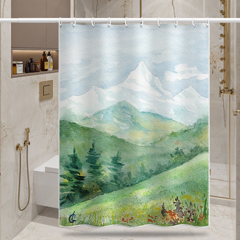 Watercolor Mountain Shower Curtain – Nature Style, Waterproof & Mildew Resistant Polyester Bathroom Divider 180×180cm