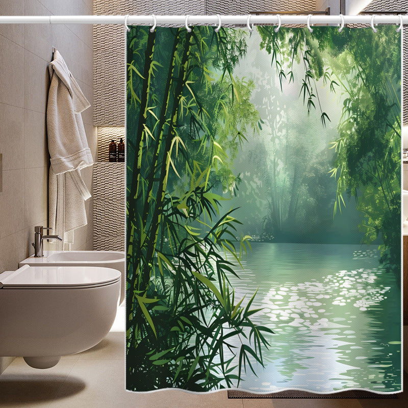 Bamboo Forest Lake View Shower Curtain – Waterproof & Mildew Resistant Polyester Fabric, 180×180cm Bathroom Decorative Curtain