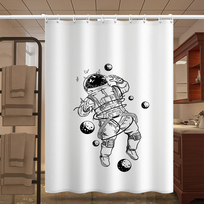 Astronaut Illustration Shower Curtain – Waterproof & Mildew Resistant Polyester, Space Art Bathroom Curtain 180×180cm