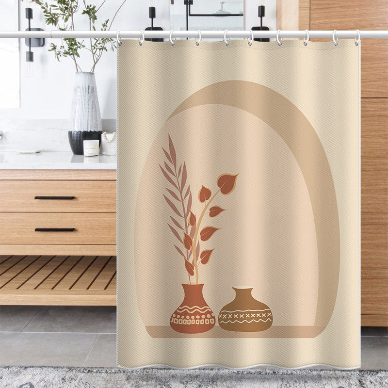 Nordic Minimalist Shower Curtain with Vase & Leaves Design – Waterproof & Mildew Resistant Polyester, 180×180cm Decorative Bathroom Curtain