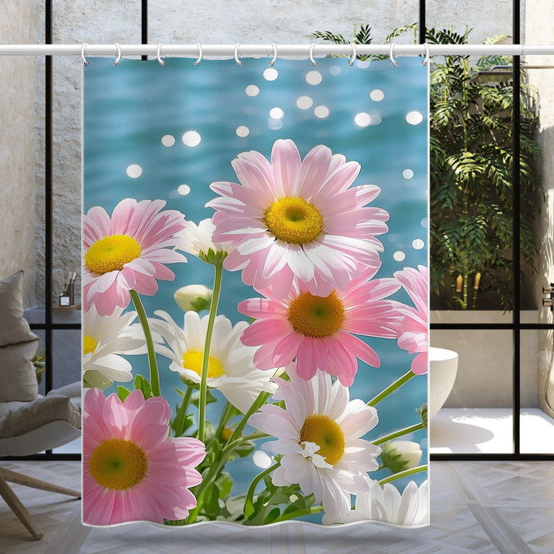 Daisy Bloom Shower Curtain – Romantic Pink & White Daisy Design with Water Reflection Background, Waterproof & Mildew Resistant Polyester, 180×180cm