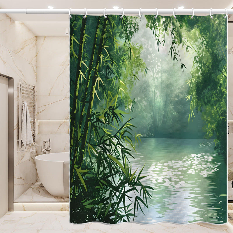 Bamboo Forest Lake View Shower Curtain – Waterproof & Mildew Resistant Polyester Fabric, 180×180cm Bathroom Decorative Curtain