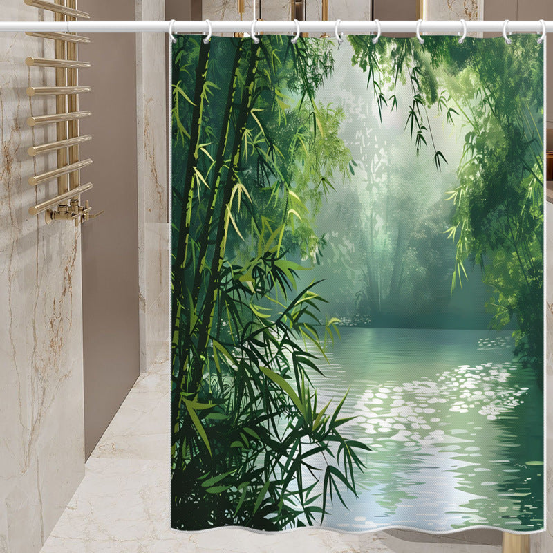 Bamboo Forest Lake View Shower Curtain – Waterproof & Mildew Resistant Polyester Fabric, 180×180cm Bathroom Decorative Curtain