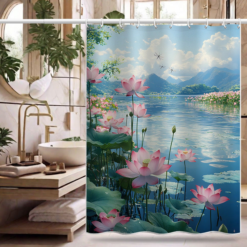 Lotus Pond Scenery Shower Curtain – Waterproof & Mildew Resistant Polyester, Artistic Bathroom Divider 180×180cm