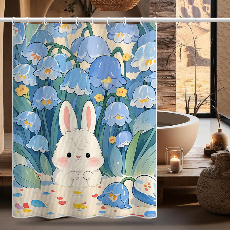 Cute Bunny & Blue Flower Shower Curtain – Waterproof & Mildew Resistant Polyester, Cartoon Bathroom Divider 180×180cm