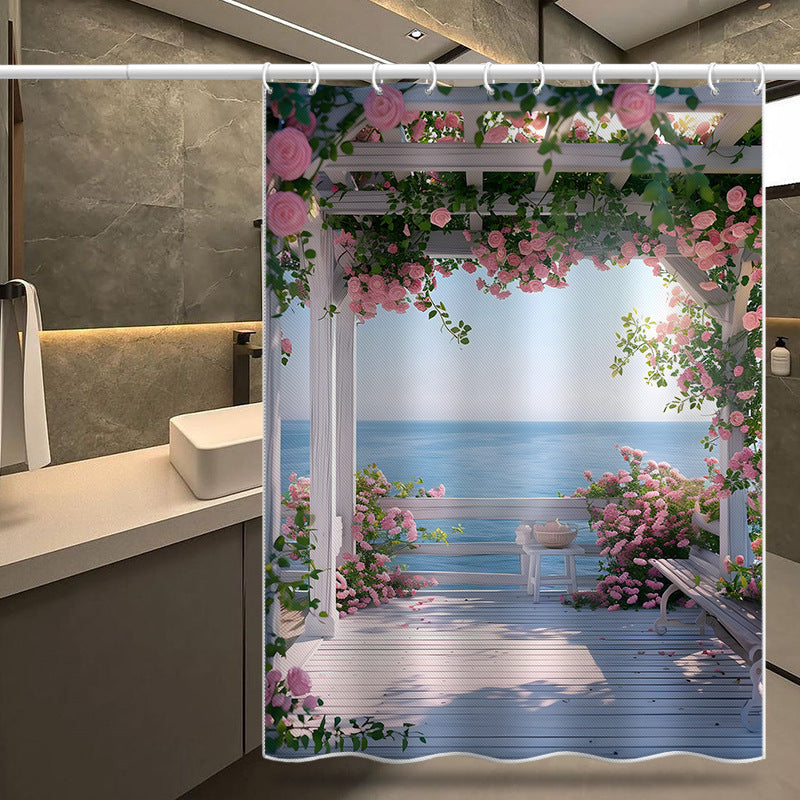 Romantic Rose Pergola Sea View Shower Curtain – Garden & Balcony Style, Waterproof & Mildew Resistant Polyester, 180×180cm Bathroom Decor
