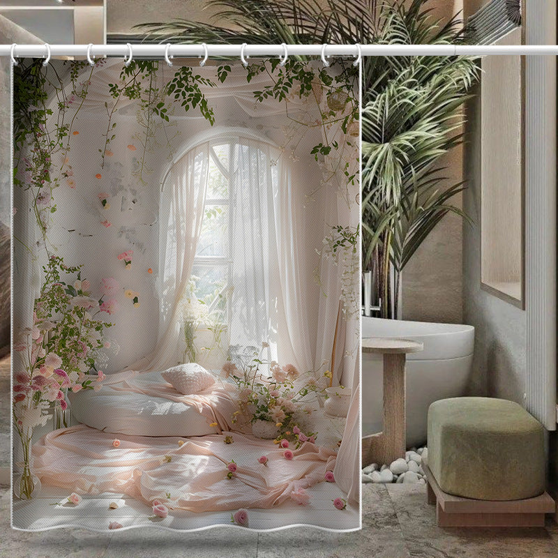 Romantic Garden Window View Shower Curtain – Waterproof & Mildew Resistant Polyester Bathroom Decor 180×180cm