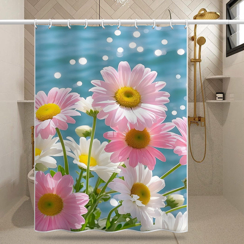 Daisy Bloom Shower Curtain – Romantic Pink & White Daisy Design with Water Reflection Background, Waterproof & Mildew Resistant Polyester, 180×180cm